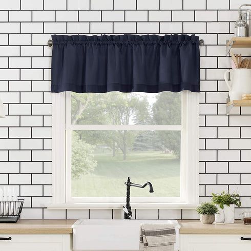 No. 918 Martine Microfiber Semi-Sheer Rod Pocket Kitchen Curtain Valance and Tiers Set, 54 in x 24 in (3 Piece), Navy Blue