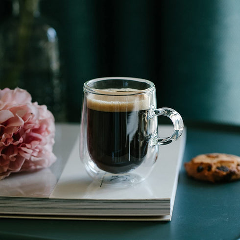 BTaT- Double Wall Glass Barrel Shape, 4 Pack, 5 oz (150 ml), Espresso Cups, Clear Espresso Cups, Glass Coffee Mugs, Clear Coffee Mug, Double Wall Glass Coffee Mugs, Latte Cup, Cappuccino Cup