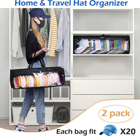 MISSLO 2 Packs Hat Organizer for Baseball Caps for Closet Cap Storage Organizer with Durable Handles Large Hat Holder for Travel, Black