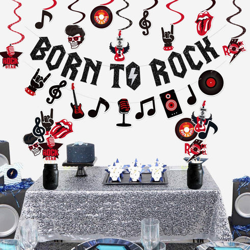 Rock and Roll Party Decorations Set Born to Rock Glitter Banner Rock and Roll Hanging Swirls Rock Star Centerpiece Sticks 1950's Rock and Roll Party Decorations Music Theme Baby 1st Birthday Party Supplies 50s 60s Rock Party Favors Record Wall Decor