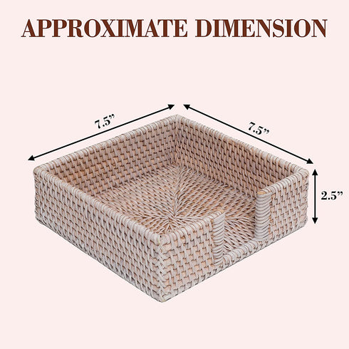 Rattan Napkin Guest Towel Holder For Kitchen 7.5 x 7.5 x 2.5 inches Square Wicker Tissue Paper Holder Caddy for Dining Table Flat Woven Boho Napkins Dispenser for Dinner (Luncheon, White Wash)