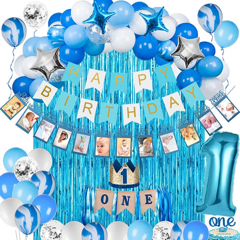 JOYYPOP 1st Birthday Boy Decorations 66PCS Blue 1st Birthday Decorations for Boy with 12 Months Photo Banner, 1st Birthday Baby Crown, ONE Cake Topper, 1st Birthday Highchair Banner