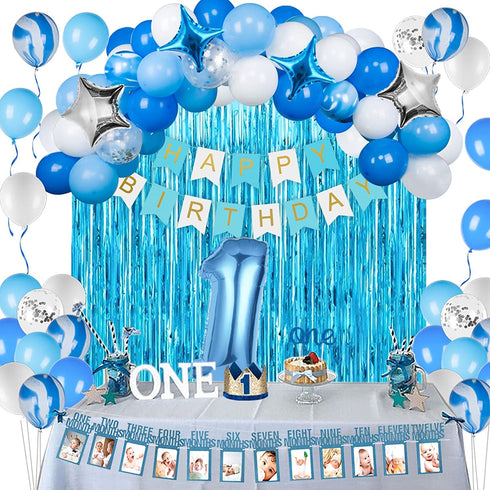 JOYYPOP 1st Birthday Boy Decorations 66PCS Blue 1st Birthday Decorations for Boy with 12 Months Photo Banner, 1st Birthday Baby Crown, ONE Cake Topper, 1st Birthday Highchair Banner