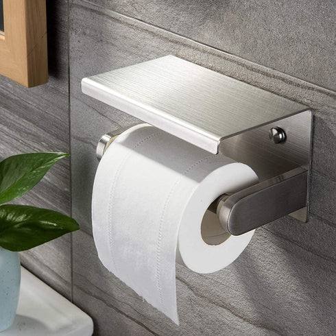 YIGII Toilet Paper Holder with Shelf - Stainless Steel Toilet Roll Holder Self Adhesive or Wall Mounted for Bathroom