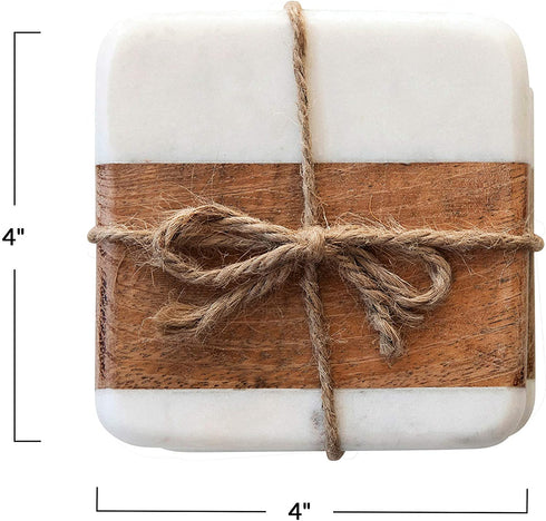 Creative Co-Op Marble & Acacia Wood, White & Natural, Set of 4 Coaster, 4"