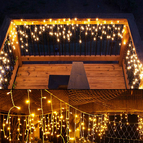 WATERGLIDE 360 LED Christmas Iciclelights Outdoor Dripping Ice Cycle String Light, 29.5ft 8 Modes Curtain Fairy Lights with 60 Drops, Indoor Xmas Holiday Wedding Party Decorations, Warm White