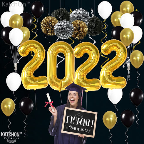 Gold 2022 Balloons Numbers Set - 40 Inch, Hanging Swirls and Pompoms | Graduation Party Decorations 2022 | Black and Gold Graduation Decorations 2022 | Graduation Balloons, Class of 2022 Decorations