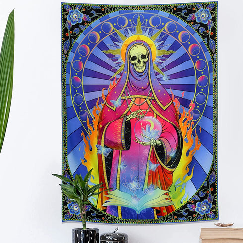 Skull Tapestry Santa Muerte Art Tapestry MoonPhase Tapestry Flower Skeleton Tapestries for Room W59.1"X H78.7"