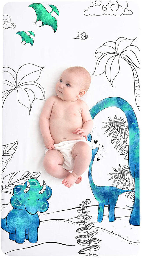 JumpOff Jo - Fitted Crib Sheet, Super Soft 100% Cotton Sheet for Standard Crib Mattresses and Toddler Beds, 28 in. x 52 in. - Blue Dinosaur