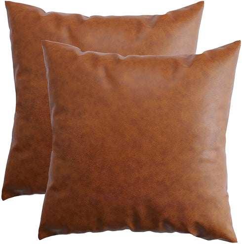 Homefeelzydys Throw Pillow Covers 18x18 Inch Set of 2, Faux Leather Accent Throw Pillow Cover 45x45 inch, Modern Country Farmhouse Style Pillowcase for Bedroom Living Room Sofa Brown Pillows