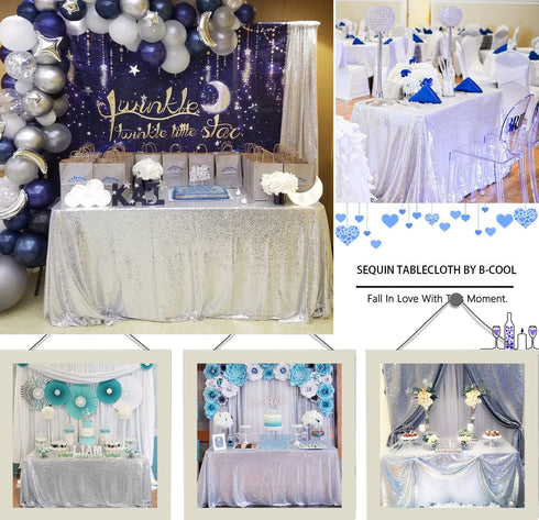 B-COOL 60x102 Inch Christmas Tablecloth Rectangle Silver Sequin Tablecloth Sequin Table Linens Glitter Tablecloth Wedding Sequin Tablecloth for Christmas