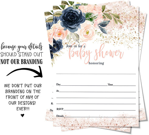Blush Girls Baby Shower Invitations with Envelopes Pack of 25 Blank Invite Card Set with Navy Pink and Gold Country Floral Theme Reveal Sprinkle Handwrite Details DIY Paper Clever Party