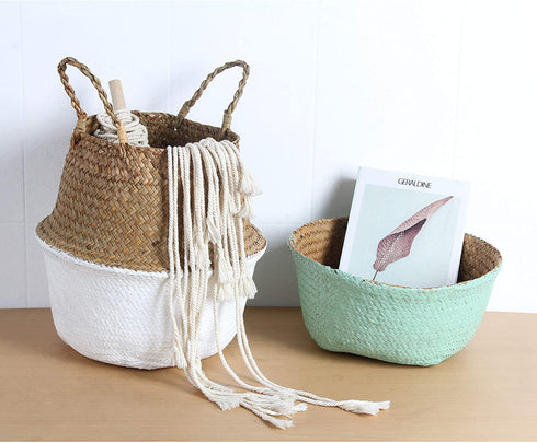 BlueMake Woven Seagrass Belly Basket for Storage, Laundry, Picnic, Plant Pot Cover, and Grocery and toy storage (Medium, Black)