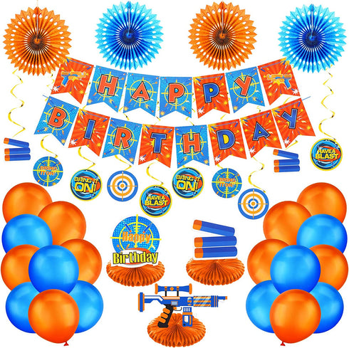 30 Pieces Dart War Happy Birthday Banner Decoration Dart Gun Party Paper Fans Honeycomb Centerpieces party Supplies 3D Dart War Table Decorations Hanging Swirls Latex Balloons for Birthday Party