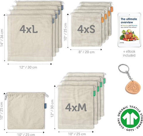 12+1 Reusable Produce Bags Grocery Washable | Organic Cotton Mesh Produce Bags | Double-Stitched & Tare Weigh | Onions Bag | Cotton Produce Bags Reusable Washable | Bulk of 13 (4S, 4M, 4L +1 Muslin)