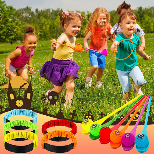 13 Pieces Halloween Egg and Spoon Race Game Set Legged Relay Race Bands Inflatable Witch Hat Ring Toss Game for Kids and Adults Halloween Party Games Outdoor Fun Games Party Lawn Carnival Games