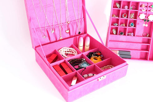 PENGKE 2 Layer Jewelry Box for Women 36 grid necklace or jewelry holder organizer with lock,Rose Red Pack of 1