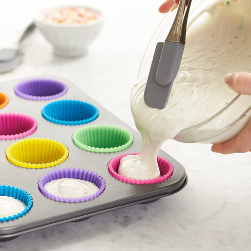 Amazon Basics Nonstick Muffin Baking Pan, 12 cups - Set of 2 & Reusable Silicone Baking Cups, Pack of 12, Multicolor