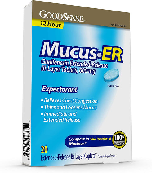 Good Sense Cough and Mucus Relief Extended-Release Tablets, Guaifenesin 600 mg, 12 Hour Expectorant, 20 Count