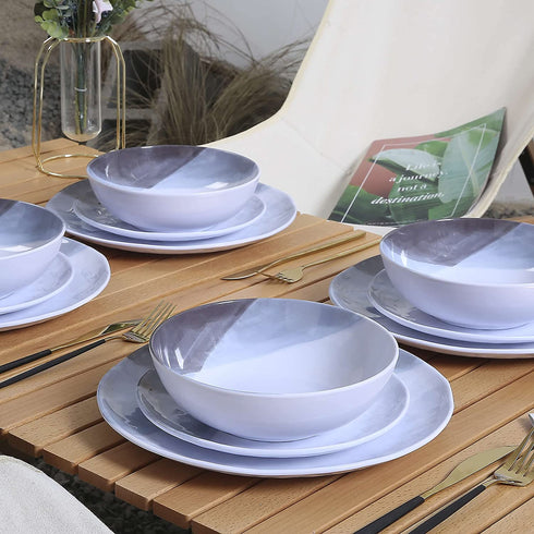 Melamine Plates and Bowls Set - 12pcs Dinnerware Sets for 4, Dinner Plates for Indoor and Outdoor Use, Break-resistant, Grey & White