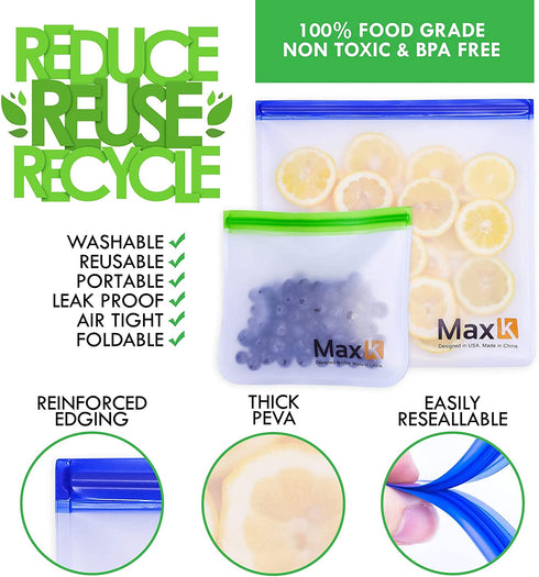 Max K Reusable Sandwich and Gallon Freezer Bags - Travel Food Containers for Fruits, Bread and Veggies - Transparent, Leak-Proof - Resealable PEVA Lunch Bag - Portable, Airtight Pouch - 10 Pack