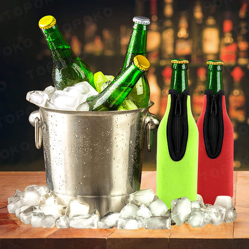 Beer Bottle Insulator Sleeve Different Color. Zip-up Bottle Jackets. Keeps Beer Cold and Hands Warm. Classic Extra Thick Neoprene with Stitched Fabric Edges, Enclosed Bottom, Perfect Fit (Pack-of-12)