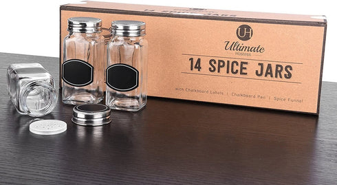 Spice Jars - Spice Containers - Spice Jar - 14 Square Glass Spice Bottles (4 oz) with 60 Chalkboard Labels, Chalk Marker, Stainless Steel Lid, Shaker Insert Tops, Funnel - Complete Organizer Set