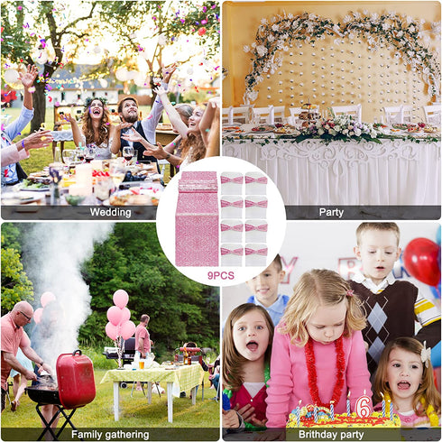 yuboo Pink Sequin Table Runner with 8 Pieces Chair Sashes Set,Sparkly Slipcovers Wedding Chair Decorations Stretch Chair Bands for Birthday,Valentine's Day,Reception Party,Holiday Celebration Party