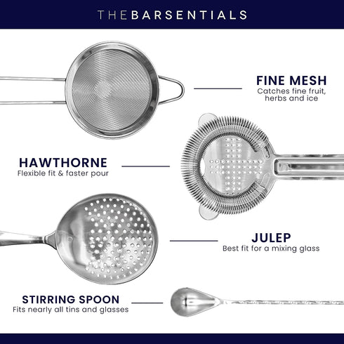 TheBarsentials Cocktail Strainer Set Stainless Steel Bar Tool with Stirring Spoon - Hawthorne Strainer, Julep Strainer, Fine-Mesh Strainer/Sifter