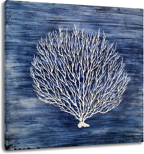 Yihui Arts Navy Blue Canvas Wall Art Hand Painted White Coral Painting Modern Abstract Tree Pictures Coastal Artwork for Bedroom Living Room Bathroom Decoration