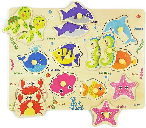 Wooden Peg Puzzle, Sea Creature Chunky Baby Puzzles, Colorful Wood Shape Puzzle Peg Board, Animal Knob Puzzle for Educational Toddlers 18 Months and Up, 11 Pieces