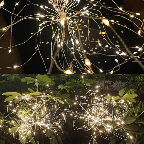 JJGoo Solar Garden Lights, 2 Pack 120 LEDs 2 Lighting Modes Waterproof Fireworks Light for Outdoor Patio Walkway Pathway Decorative - Warm White