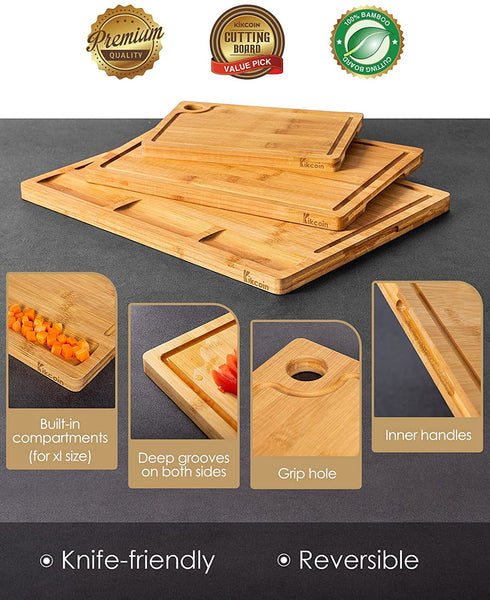 Bamboo Cutting Boards for Kitchen, (Set of 3) Kitchen Chopping Board with 3 Built-In Compartments and Juice Groove Heavy Duty Serving Tray Wood Butcher Block and Wooden Carving Board with Hole