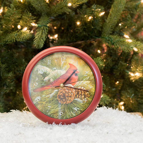 Mark Feldstein Wild Wings December Dawn Cardinal Round Red Frame 8 Inch Bird Sound Wall Clock