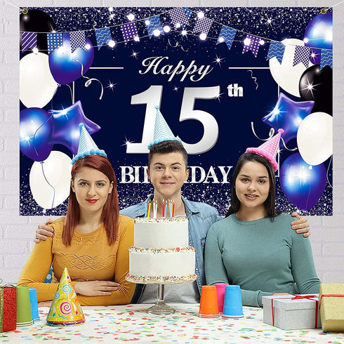 Happy 15th Birthday Banner Backdrop Sign Background 15 Birthday Party Decorations Supplies for Boys Teenagers 6 x 4ft Blue Purple