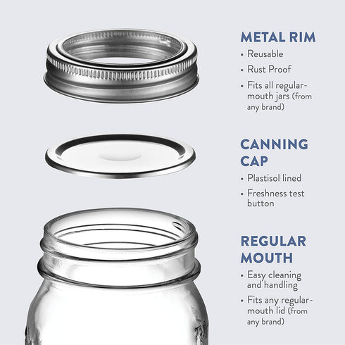 Regular-Mouth Glass Mason Jars, 16-Ounce (6-Pack) Glass Canning Jars with Silver Metal Airtight Lids and Bands with Measurement Marks, for Canning, Preserving, Meal Prep, Overnight Oats, Jam, Jelly,