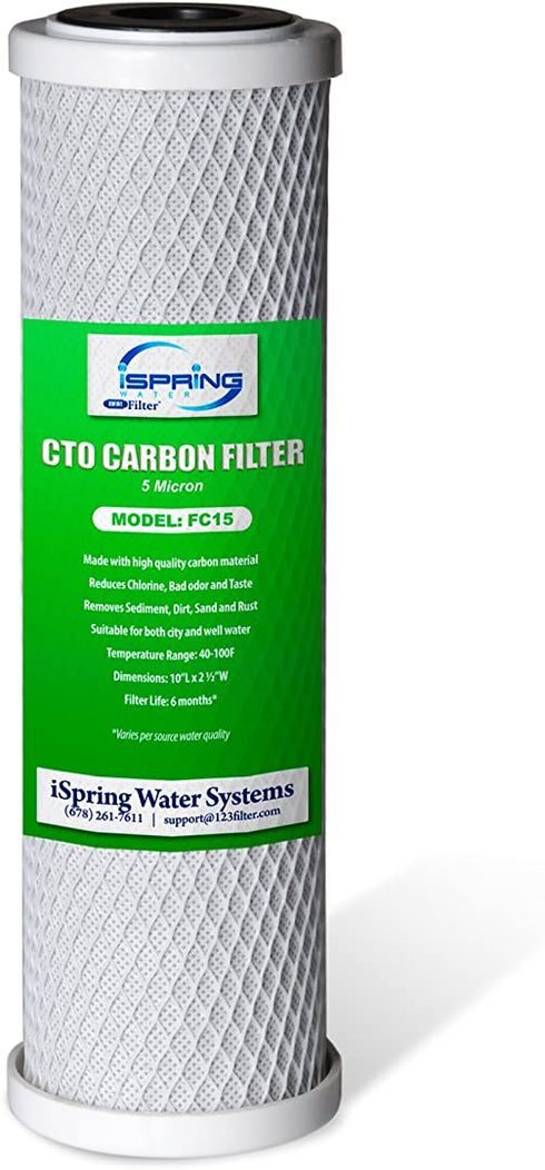 iSpring FC15 FC15-10 CTO Carbon Block Filter Cartridge, 10" x 2-1/2", 5 Microns, 1 Count (Pack of 1), White