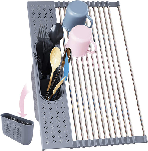 BAMEOS Roll Up Dish Drying Rack Over The Sink, 20?L x 11?W x 4.72?H Foldable Stainless Steel Dish Drying Rack with Utensil Holder & Sponge Holder for Kitchen Sink (Gray)