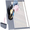 BAMEOS Roll Up Dish Drying Rack Over The Sink, 20?L x 11?W x 4.72?H Foldable Stainless Steel Dish Drying Rack with Utensil Holder & Sponge Holder for Kitchen Sink (Gray)