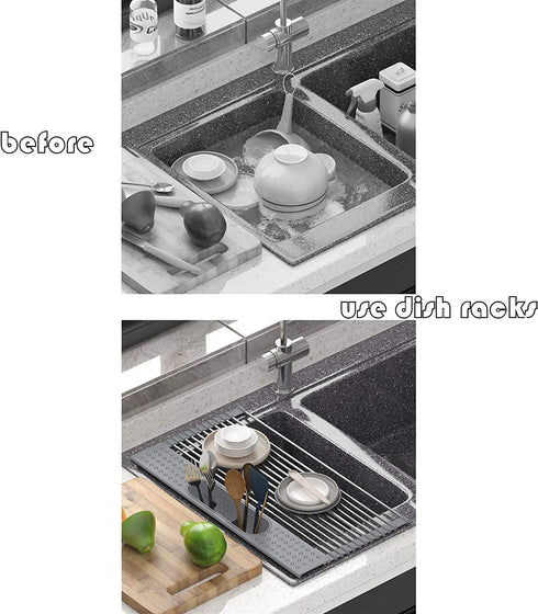 BAMEOS Roll Up Dish Drying Rack Over The Sink, 20?L x 11?W x 4.72?H Foldable Stainless Steel Dish Drying Rack with Utensil Holder & Sponge Holder for Kitchen Sink (Gray)