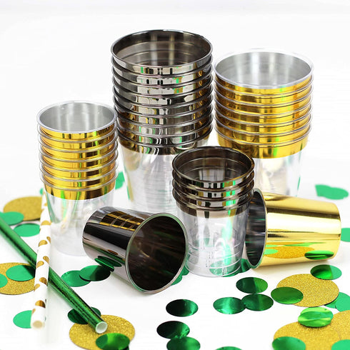 Just Artifacts 1oz Plastic Shot Glasses (120pcs, Metallic Gold Rim)