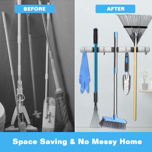 2 Pack Mop and Broom Holder Wall Mount, CVWCVBN Broom Organizer Wall Mount, Stainless Steel Broom Holder, Heavy Duty Tool Organizer, Mop Holder with 3 Racks and 4 Hooks for Home Kitchen Garden Laundry