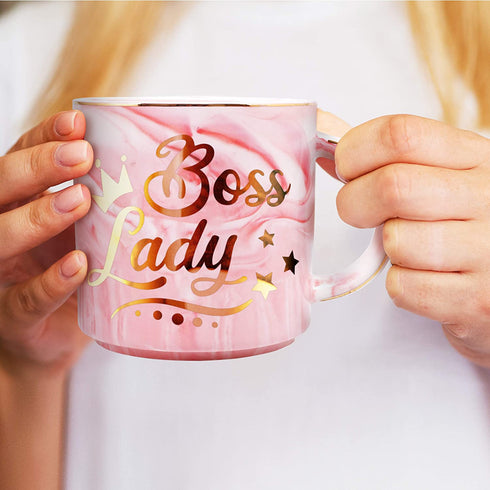Boss Lady Mothers Day Gifts Basket for Women - 12oz Gold Pink Ceramic Coffee Mug + Funny Socks + Gift Bag - For the Best Boss and Boss Lady. The Best Mothers Day Gifts for Mom.