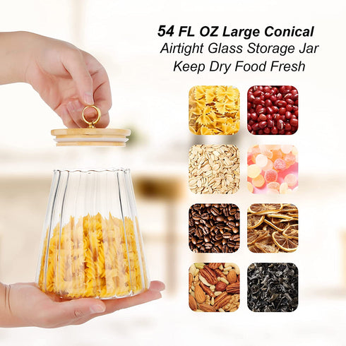 Glass Coffee Nuts Canister Airtight Storage Jar Petal Decorative Container with Bamboo Lid Metal Handle Easy to Grasp 1600ml, 54 FL OZ (Large Conical)