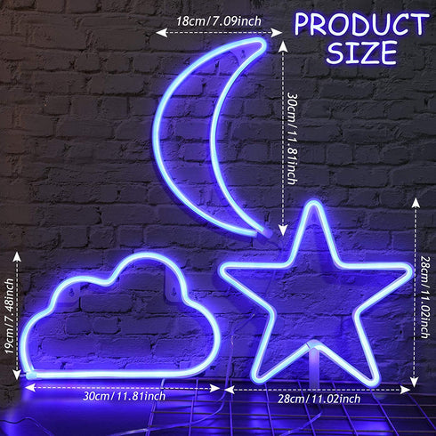 Star Moon and Cloud Neon Signs Decorative LED Light Art Battery or USB Operated Wall Neon Light Decor for Christmas, Birthday Party, Wedding, Outdoor Activities (Blue)
