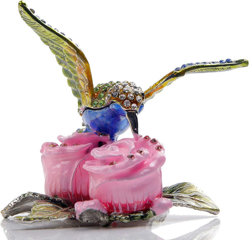 Hummingbird Figurine Hinged Trinket Box Decorative Jewelry Boxes for Ring - Hummingbird on Pink Flowers Figurine Collectibles
