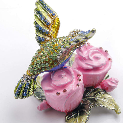 Hummingbird Figurine Hinged Trinket Box Decorative Jewelry Boxes for Ring - Hummingbird on Pink Flowers Figurine Collectibles