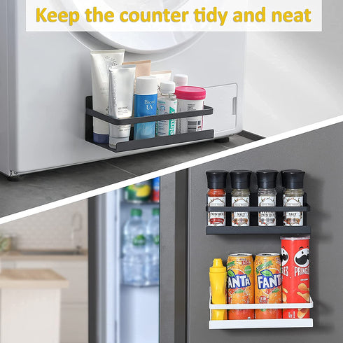 Wetheny Fridge Magnet Organizer Magnetic Spice Rack with Four Removable Hook Refrigerator Shelf Rack Black (2 Pack)