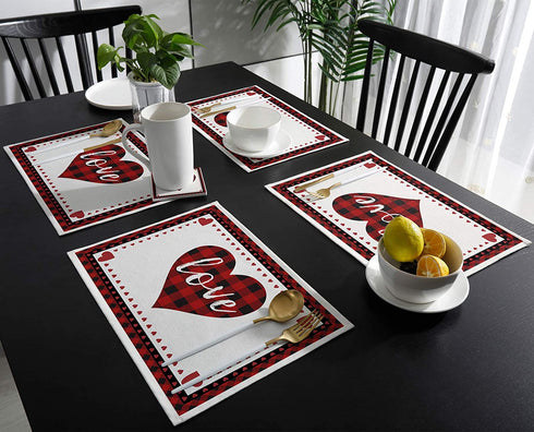 Valentines Placemats Set of 6 Love Hearts Placemats for Dining Table Red And Black Buffalo Check Plaid Tablemats For Home Wedding Party Valentine's Day Table Decorations Non-Slip Table Mats, 12x18 In