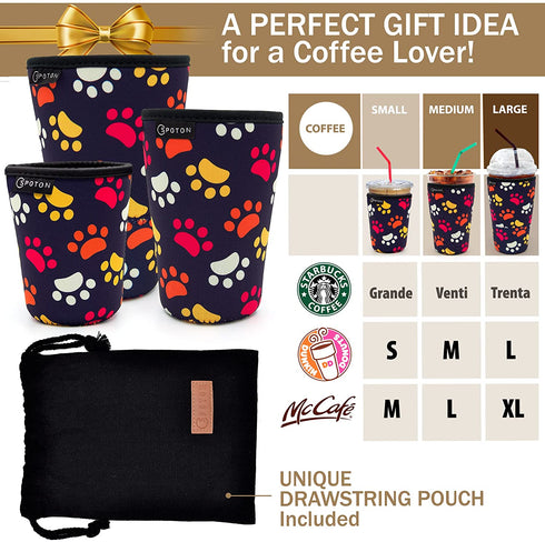 Spoton Iced Coffee Sleeve €œ 3 Pack with Pouch Reusable Ice Java Sock for Cold Drink Cups Neoprene Insulated Cup Sleeves Compatible Starbucks, McDonalds and Dunkin Donuts (Color Paws), SLVB3SML